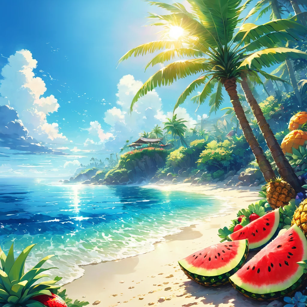Beach, Sandy Beach, Ocean, blue sky, Palm tree, fruits, Coral Reef, pineapple, watermelon, melon, strawberry, orange, kiwi, Colorful, Tropical, Tropics, Resort, vacation, Paradise, sun, Light, The sound of waves, refreshing, fun, cute, Fairy tale,beautiful Anime Scenery, Landscape painting, Beautiful digital painting, Andreas Rocha, Beautiful artwork illustration, Awesome Wallpapers, Raymond Han, Tall beautiful paintings, スタジオグリブリー 新Ocean誠, Beautiful Wallpapers, Anime Scenery