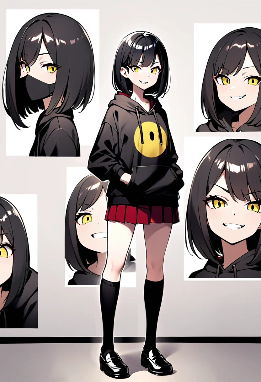edgy girl, black hoodie, black hair, bob cut, red miniskirt, high socks, loafers, black mask on the side of her head with a yellow smile on it. Amazing quality, full body view, snarky grin