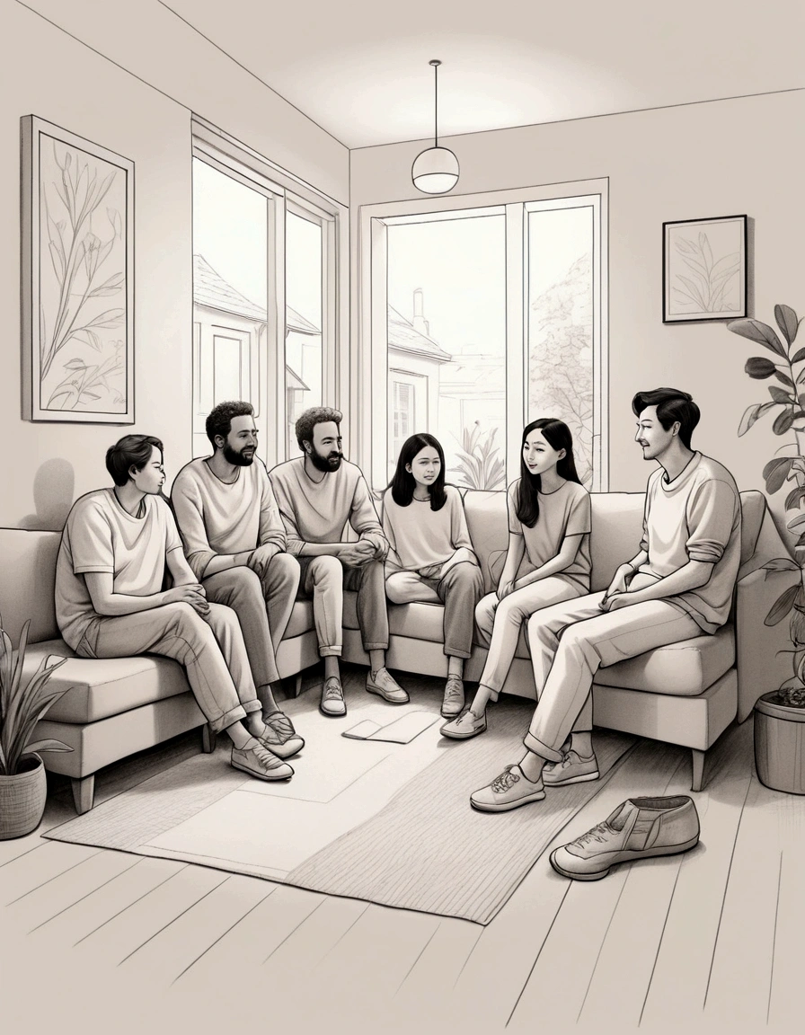 Simple line drawing of a group of people wearing light and casual clothes in a relaxed home environment, with some sitting on the floor, with subtle details to add depth. line illustration style