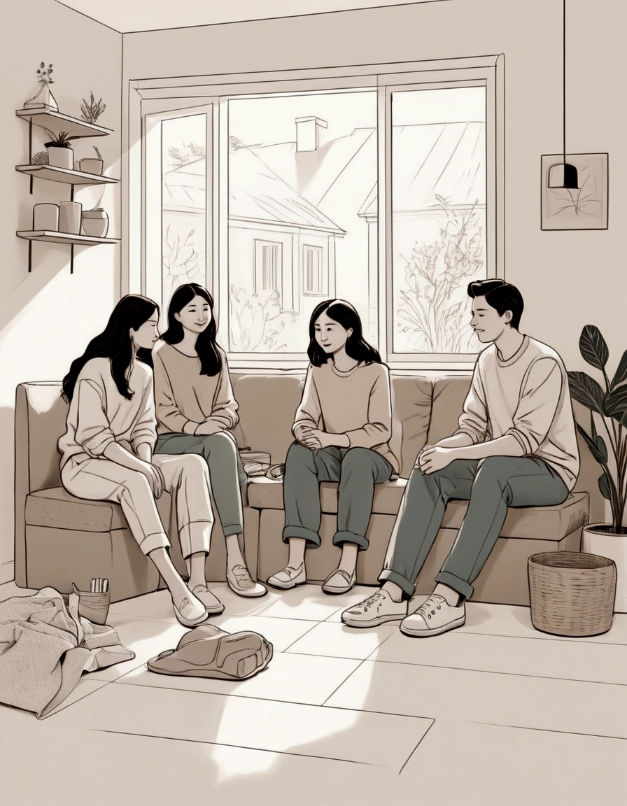Simple line drawing of a group of people wearing light and casual clothes in a relaxed home environment, with some sitting on the floor, with subtle details to add depth. line illustration style