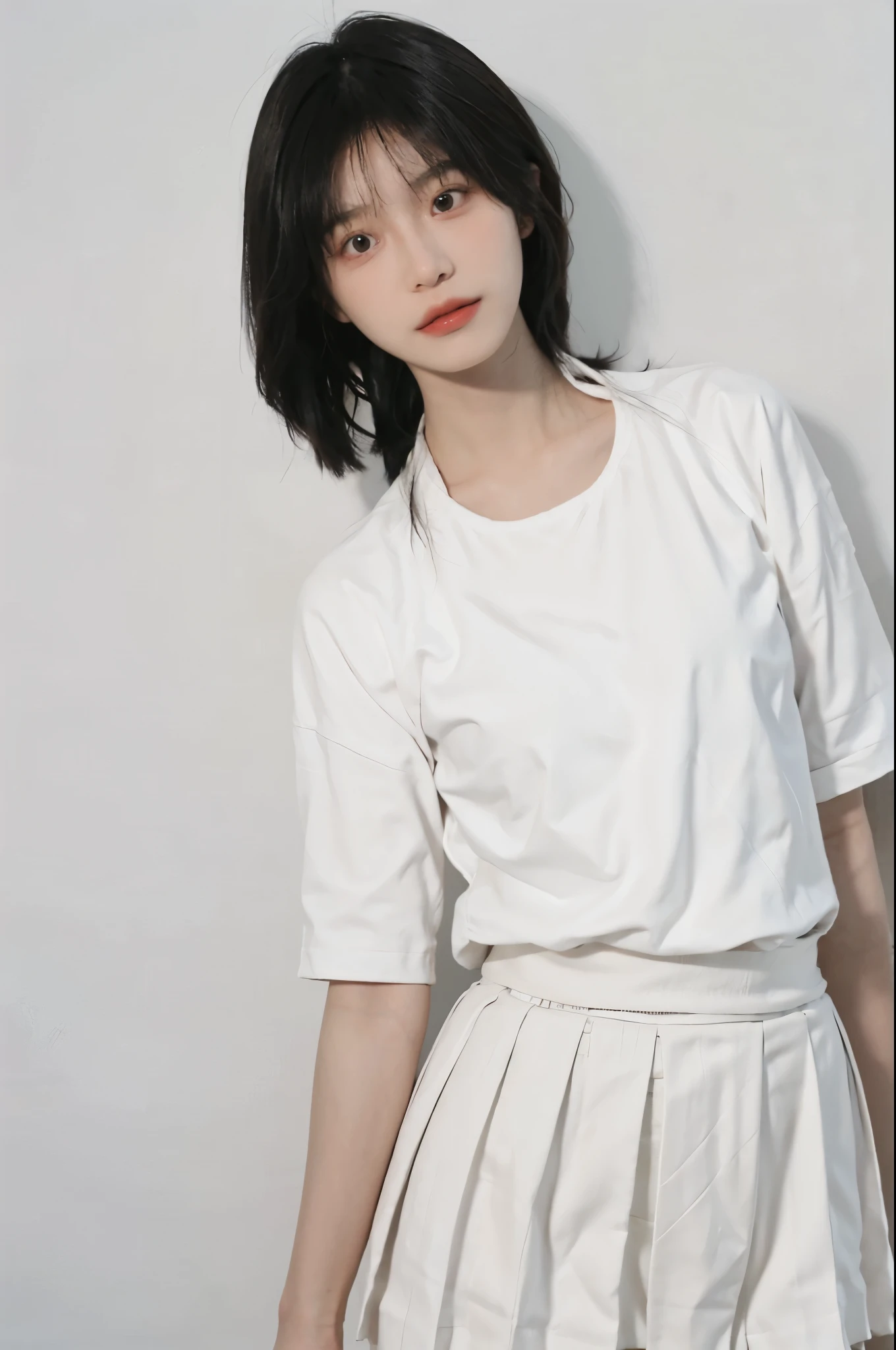 Beautiful woman with perfect figure:1.4,Ultra-high resolution,White background,(lifelike:1.4),Layered Hairstyle,White skin,Bikini:1.5,Super short pleated skirt,whole body,Very delicate face and skin texture,Double eyelids,Skin Whitening,short hair,White hair