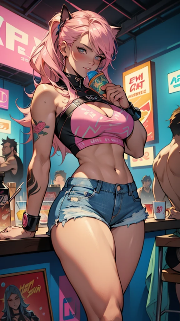 Background, In chic boho style, in a café, Ice cream print, multi-colored neon lights, neon garlands, Pink lavender mint hair, mixed-language_SMS, Japanese graffiti, (beautiful and clear background:1.2),, fantastic paintings ,graffit style, olhos altamente detalhados , Underwear, lace, latex, blonde girl, Cat Print, tattoo, Loving, Love, ultra detailed hair, Masterpiece, Best Quality, hig quality, high-resolution, detail enhancement, ((most beautiful image in the world)), Masterpiece, Best Quality, hig quality, high-resolution, detail enhancement, ((most beautiful image ), Shiny pink degrade hair, ultra short fitted Stampa Flores, Rollers,  tights in a mesh, Short denim shorts,  art by stjepan sejic, art by j scott campbell, art by guillem march, art by citemer liu, 4k, high-resolution, comic book character, comic, high quality detailed,   style of ::2.0 comix illustration style,tatoon style, hig quality, high-resolution, detail enhancement, 8K, HD, Best Quality, hig quality, high-resolution, detail enhancement, 8K, HDR, Sharp focus, Ultra Detailed, Perfect lighting, Curvy Body, Lush breasts, Curvy hips