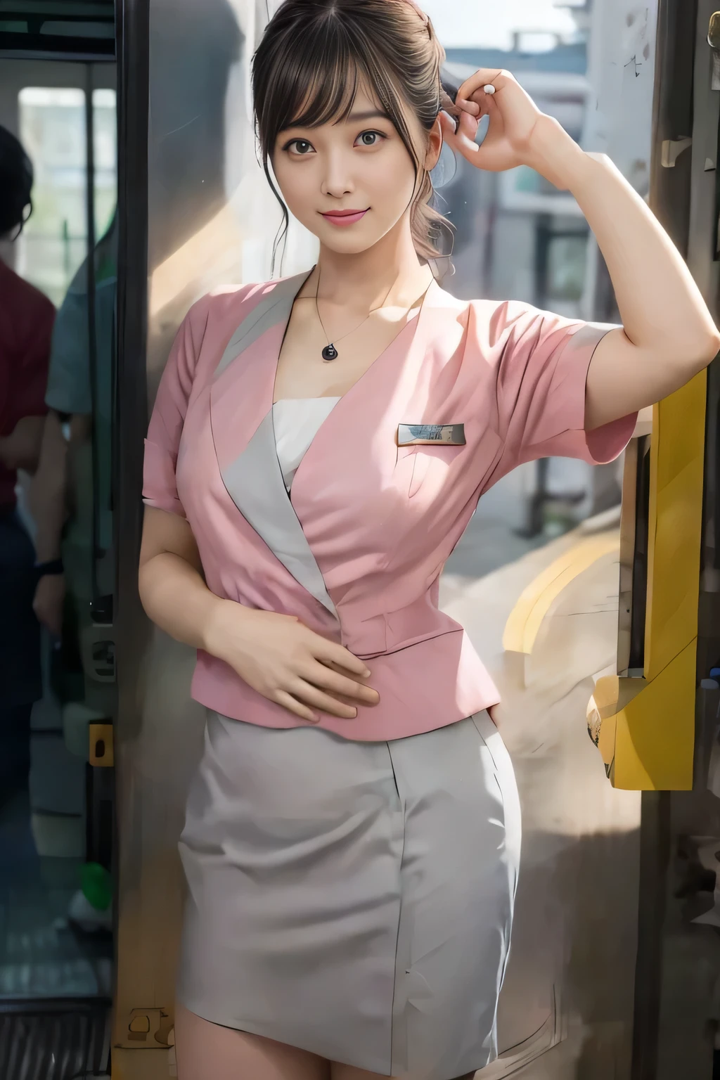 (masterpiece:1.2, highest quality:1.2), 32K HDR, High resolution, (alone、1 girl)、 (Height: 160cm)、(On the rooftop of a building in the daytime、Professional Lighting)、Building rooftop background、(Nankai train crew uniform pinkを着たリアルスタイル)、(Nankai train crew uniform pink short sleeve collarless pink jacket、Nankai Train Crew Uniform Pink Collarless Short Sleeve Blouse、Nankai Train Crew Uniform Pink Grey Knee-length Culottes)、Dark brown hair、(Hair tied up、Hair tied up、Evening curly hairstyle)、Dark brown hair、Long Shot、Big Breasts、Thin legs、((Great hands:2.0)),((Harmonious body proportions:1.5)),((Normal limbs:2.0)),((Normal finger:2.0)),((Delicate eyes:2.0)),((Normal eyes:2.0)))、smile、(Nankai Train Crew Uniform Pink Grey Knee-length Culottesを見せた美しい歩く姿)、Place your hands around your stomach、Lanyard employee ID card