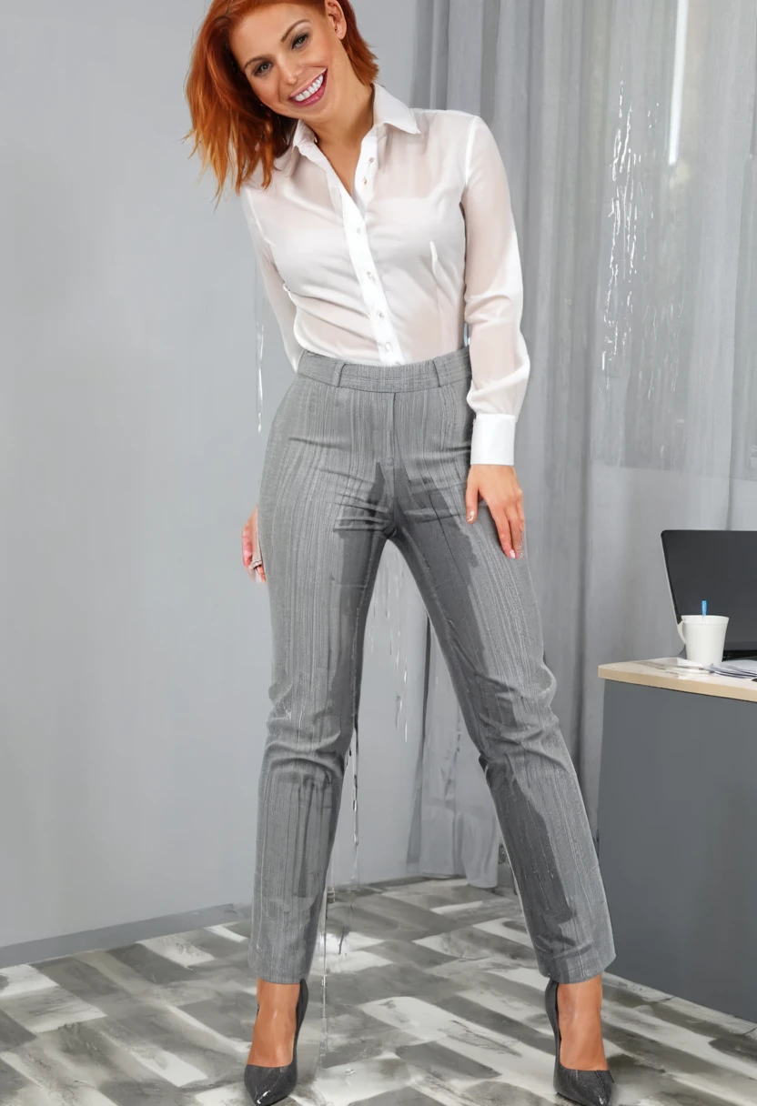 attractive redhead woman wearing gray herringbone dress pants, high heel pumps, white blouse, standing in an office, wetting, big smile, pee stains are gleaming wet, pants really soaked with pee