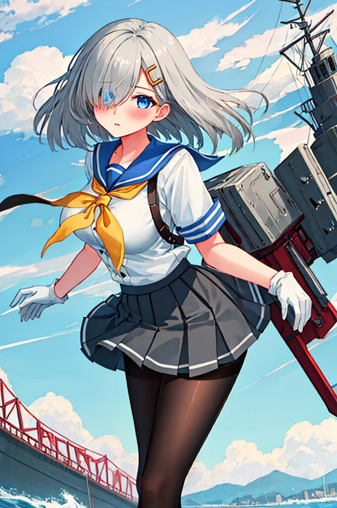 best quality, masterpiece, highres, solo, {hamakaze_kantaicollection:0.90}, 1girl, loli,younger_teen,black_pantyhose, pleated_skirt, serafuku, short_sleeves, simple_background, white_background, yellow_neckerchief, white_gloves, looking_at_viewer, grey_skirt, blush, eyes_visible_through_hair, blue_sailor_collar, dynamic_posing,long_bangs,hair_over_one_eye,harbor_school_background,outdoor,large_breasts,