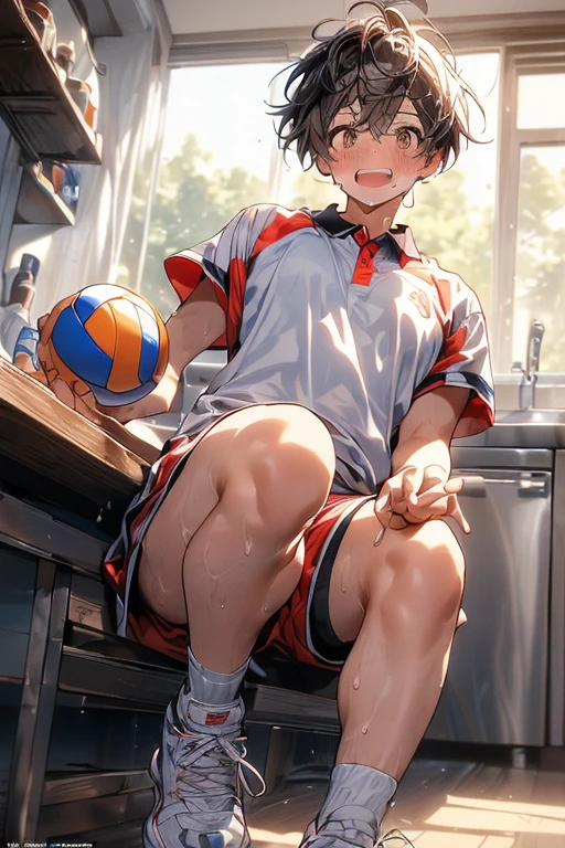 unity 8k wallpaper, anatomically correct, (((masterpiece))), (((highest quality))), (((Super detailed))), (((High resolution))), ((ultimate cutie)), perfect hands, perfect finger, (((excellent anatomy))), detailed beautiful face, shiny hair, (((Improve))), (pot belly), (take up), medium breasts, ((thick thighs)), (((alone))), ((enchanting smile)), (((blush))), (half open mouth),
break, (((sit astride the perfectly spherical shape 6-inch volleyball))), (((spans six true spheres" volleyball))), (((real ball 6" volleyball fits perfectly crotch))), break, (((Rub the real ball 6" volleyball against crotch))),Beautiful hands,Beautiful fingers,Detailed finger features,(Detailed hair features:1.7),detailed facial features,detailed clothes features, (perky chest:1.1), (pointed chest:1.3),
break, (Collared volleyball uniforms), No sleeve, ((bloomers)), ((Padang juice stain on knee), (elbow pad), (((Sweat))), (((covered in Sweat))), ((deep breath)), in the kitchen, indoor, lit, looking at the viewer, whole body, (spoken heart)(with sparkling eyes and a contagious smile),her thin pubic hair, looking at viewer, pose muy sexy"