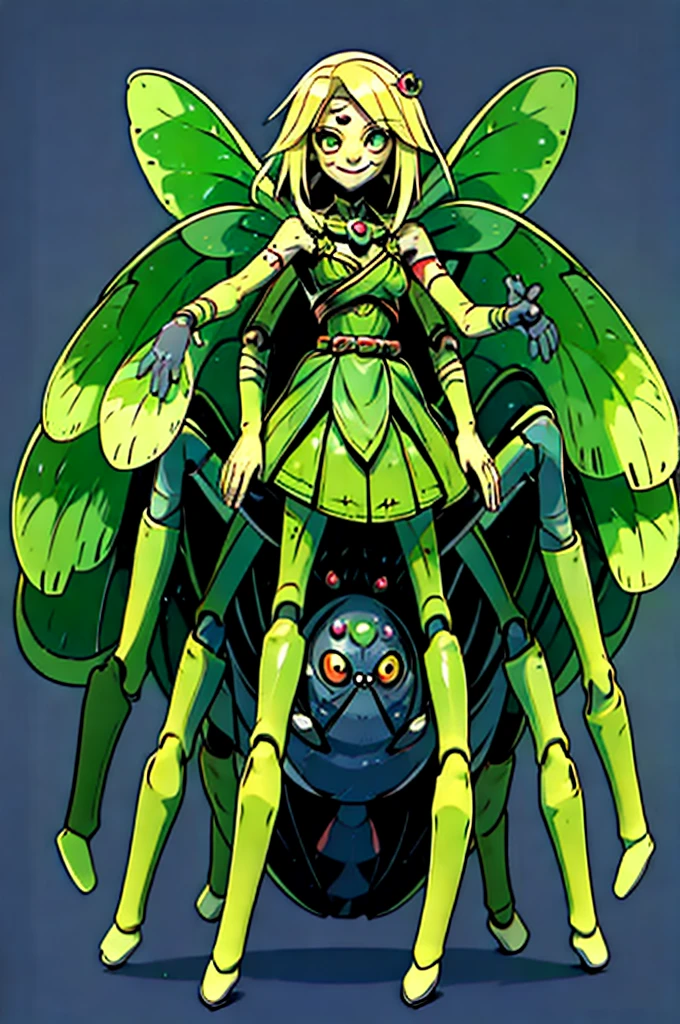((Masterpiece)), (((Top quality))), ((Ultra definition)), ((High quality face and limbs)), ((Arachne)), 1girl, sweet, kind, alone, young, soft, pure, semi human, monster musume, half spider body, spider legs, spider with big long legs and long arms, scary, bright blonde hair, very yellow hair, green skin, green clothes, dress of spiderwebs, green innocent eyes, flat chest, smiling with delight, arachnid style, main character, boss style, hades style, hadesstyle, hades2style, hades 2 style, Arachnea, silk weaver, Tartarus background, background with spider patterns, dragonfly background, dragonfly wings, moth antenas on head