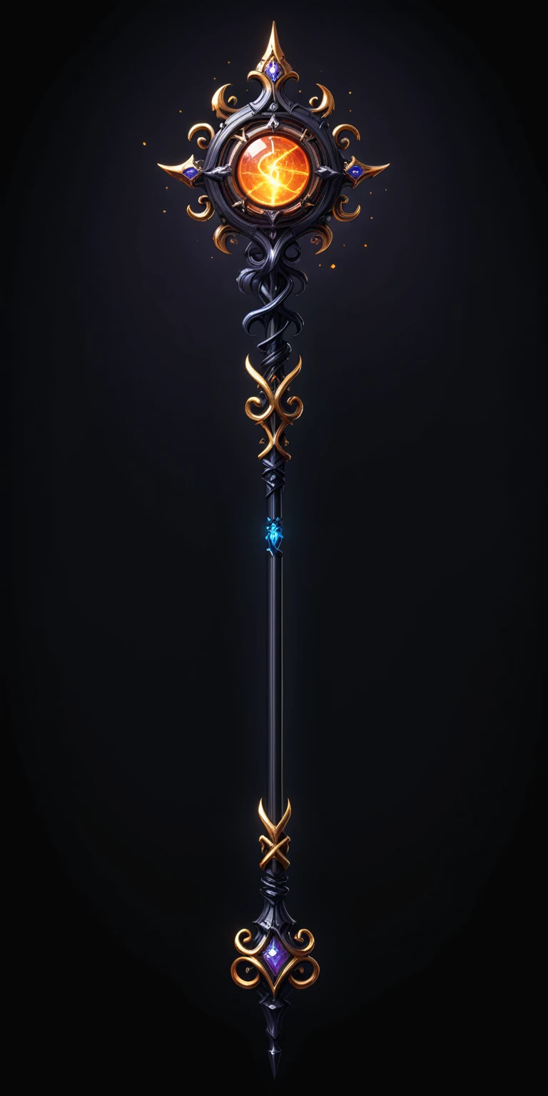 pixel art, cartoon illustration, Divine glavie greatstaff, Powerfull Magical theme, simple black background, RPG game icon