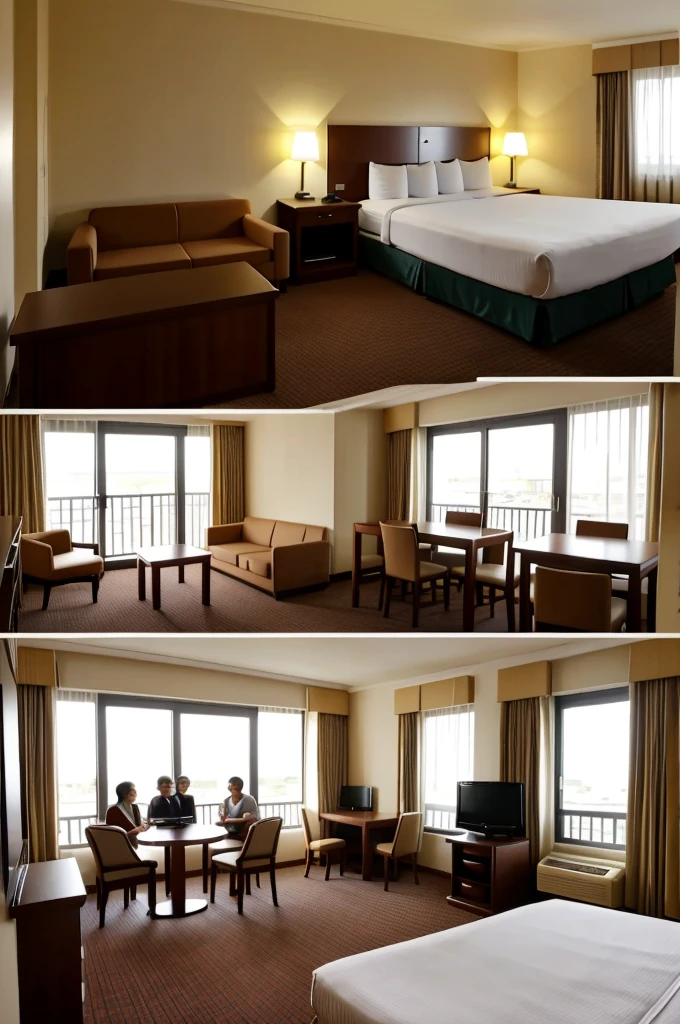 four friends enjoying a double room in a hotel 
