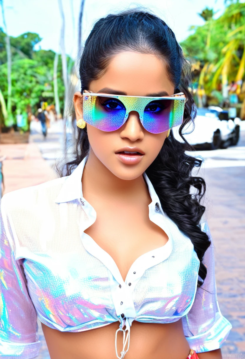 Portrait of an attractive beautiful tamil woman unbotton blouse, (( big chest)),inspirada em "Jenna Ortega"(altamente detalhado: 1.2), Hyper-detailed eyes and use of high-tech sunglasses with holographic display 1.2), seductive look, hyper realsitic