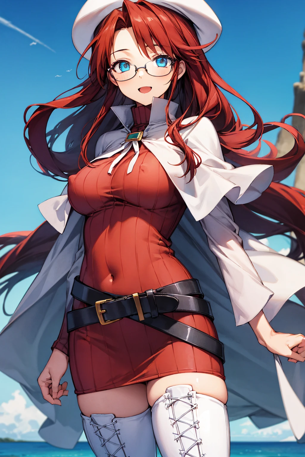 summonnightaty, aty, (young:1.3),long hair, blue eyes, red hair, big_tits, hat, glasses,
BREAK long hair, thighhighs, hat, dress, naked_legs, glasses, belt, cape, sweater, zettai ryouiki, beret, thigh boots, white footwear, ribbed sweater, loose belt,solo,
BREAK outdoors, fantasy,on_beach,
,Highquality_hads,perfect_fingers,
BREAK (masterpiece:1.2), best quality, high resolution, unity 8k wallpaper, (illustration:0.8), (beautiful detailed eyes:1.6), extremely detailed face, perfect lighting, extremely detailed CG, (perfect hands, perfect anatomy),covered_nipples,covered_navel ,half_eyes,long_sword,sleepy,red_sweater,apart_knees,magical_effect,spread_legs, have_a_book,teacher,rise_knee,Smile,rise_hand,look_down_viewer,spread_arms,sea_waves,looking_into,blue_sky,plump,open_mouth, dynamic_posing,solo,
