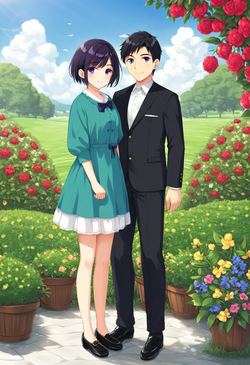 Masterpiece, best quality, ultra high quality, highres, wallpaper 8k, One child is 10 years old, solo, purple_eyes, short_hair, black_hair, One adult male aged 40 years, black hair, Two men and women standing, full body, garden background, A father holding his child,