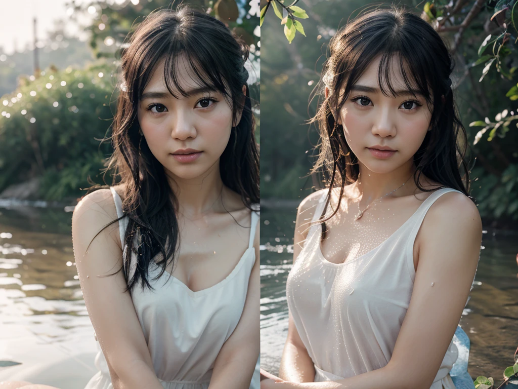 of the highest quality, Realistic, Very delicate and beautiful, RAW Photos, (pureerosface_v1: 0.33), (ulzzang-6500: 0.33)(Cold morning:1.1)、(morning dew:1.15)、photos realistic、(Low Photo:1.2)、detaileds、8K、water dripping、(TO8 Contrast Style)、(myst:0.7)、bright colour、Sony A6600 Mirrorless Camera、The Darkness、optic、(Heart Symbol)、sparklers、Background with、