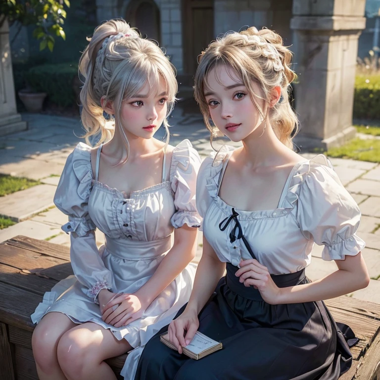 Medieval Europe、 Windy weather, ((highest quality、masterpiece、8k、Best image quality、Ultra-high resolution、Award-winning works)、(Accurate anatomy:1.1)、(Look at me and smile:1.1)、Shining fair skin with Ultra-high resolution、The most detailed face、Ultra-high resolution detailed face、Short, flowing white hair 、Beautiful face drawn in every detail,British maid, Frills付きメイドヘッドバンド, ponytail, Braided hair, Frillsブラウス, Ribbon tie, apron, Long skirt, Puff sleeves, White silk ankle socks,Frills, Modest chest , A real cat next to a girl