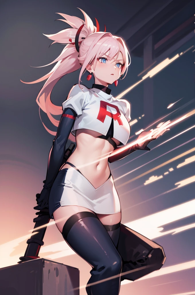 miyamotomusashi, miyamoto musashi, asymmetrical hair, blue eyes, earrings, hair ornament, pink hair, ponytail, sidelocks,team rocket,team rocket uniform, red letter R, white skirt,white crop top,black thigh-highs,black elbow gloves