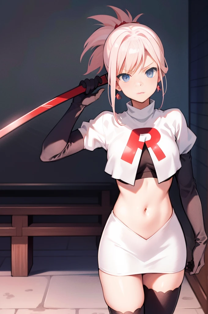 miyamotomusashi, miyamoto musashi, asymmetrical hair, blue eyes, earrings, hair ornament, pink hair, ponytail, sidelocks,team rocket,team rocket uniform, red letter R, white skirt,white crop top,black thigh-highs,black elbow gloves