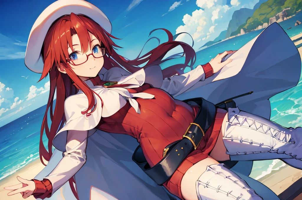 summonnightaty, aty, (young:1.3),long hair, blue eyes, red hair, big_tits, hat, glasses,
BREAK long hair, thighhighs, hat, dress, naked_legs, glasses, belt, cape, sweater, zettai ryouiki, beret, thigh boots, white footwear, ribbed sweater, loose belt,solo,
BREAK outdoors, fantasy,on_beach,
,Highquality_hads,perfect_fingers,
BREAK (masterpiece:1.2), best quality, high resolution, unity 8k wallpaper, (illustration:0.8), (beautiful detailed eyes:1.6), extremely detailed face, perfect lighting, extremely detailed CG, (perfect hands, perfect anatomy),covered_nipples,covered_navel ,half_eyes,long_sword,sleepy,red_sweater,apart_knees,magical_effect,spread_legs, have_a_book,teacher,rise_knee,Smile,rise_hand,look_down_viewer,spread_arms,sea​_waves,looking_into,blue_sky,plump,open_mouth, dynamic_posing,solo,