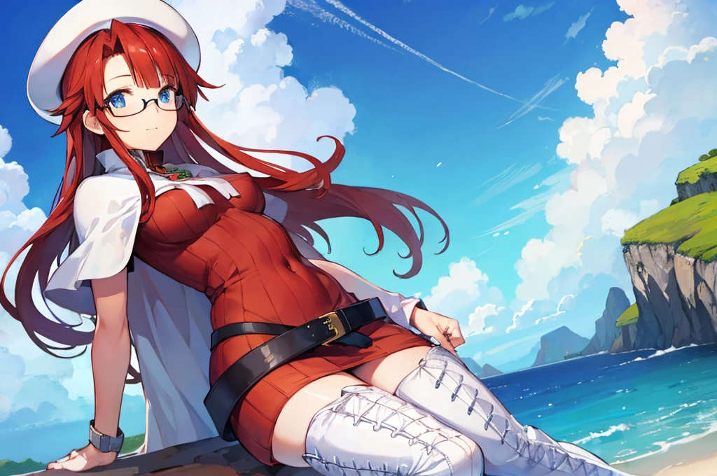 summonnightaty, aty, (young:1.3),long hair, blue eyes, red hair, big_tits, hat, glasses,
BREAK long hair, thighhighs, hat, dress, naked_legs, glasses, belt, cape, sweater, zettai ryouiki, beret, thigh boots, white footwear, ribbed sweater, loose belt,solo,
BREAK outdoors, fantasy,on_beach,
,Highquality_hads,perfect_fingers,
BREAK (masterpiece:1.2), best quality, high resolution, unity 8k wallpaper, (illustration:0.8), (beautiful detailed eyes:1.6), extremely detailed face, perfect lighting, extremely detailed CG, (perfect hands, perfect anatomy),covered_nipples,covered_navel ,half_eyes,long_sword,sleepy,red_sweater,apart_knees,magical_effect,spread_legs, have_a_book,teacher,rise_knee,Smile,rise_hand,look_down_viewer,spread_arms,sea​_waves,looking_into,blue_sky,plump,open_mouth, dynamic_posing,solo,