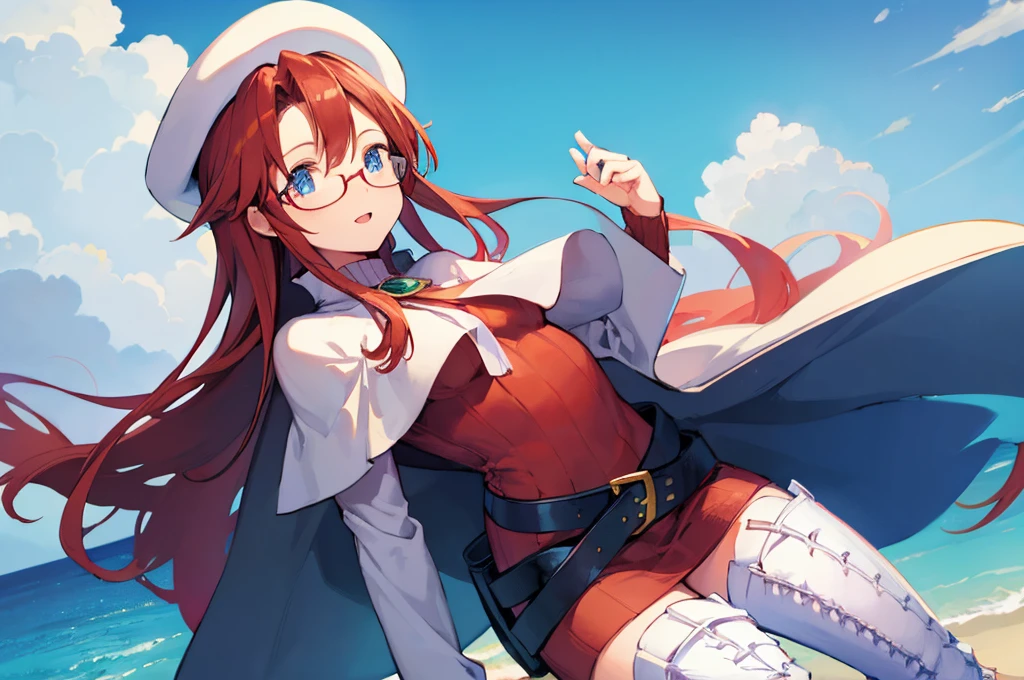 summonnightaty, aty, (young:1.3),long hair, blue eyes, red hair, big_tits, hat, glasses,
BREAK long hair, thighhighs, hat, dress, naked_legs, glasses, belt, cape, sweater, zettai ryouiki, beret, thigh boots, white footwear, ribbed sweater, loose belt,solo,
BREAK outdoors, fantasy,on_beach,
,Highquality_hads,perfect_fingers,
BREAK (masterpiece:1.2), best quality, high resolution, unity 8k wallpaper, (illustration:0.8), (beautiful detailed eyes:1.6), extremely detailed face, perfect lighting, extremely detailed CG, (perfect hands, perfect anatomy),covered_nipples,covered_navel ,half_eyes,long_sword,sleepy,red_sweater,apart_knees,magical_effect,spread_legs, have_a_book,teacher,rise_knee,Smile,rise_hand,look_down_viewer,spread_arms,sea​_waves,looking_into,blue_sky,plump,open_mouth, dynamic_posing,solo,