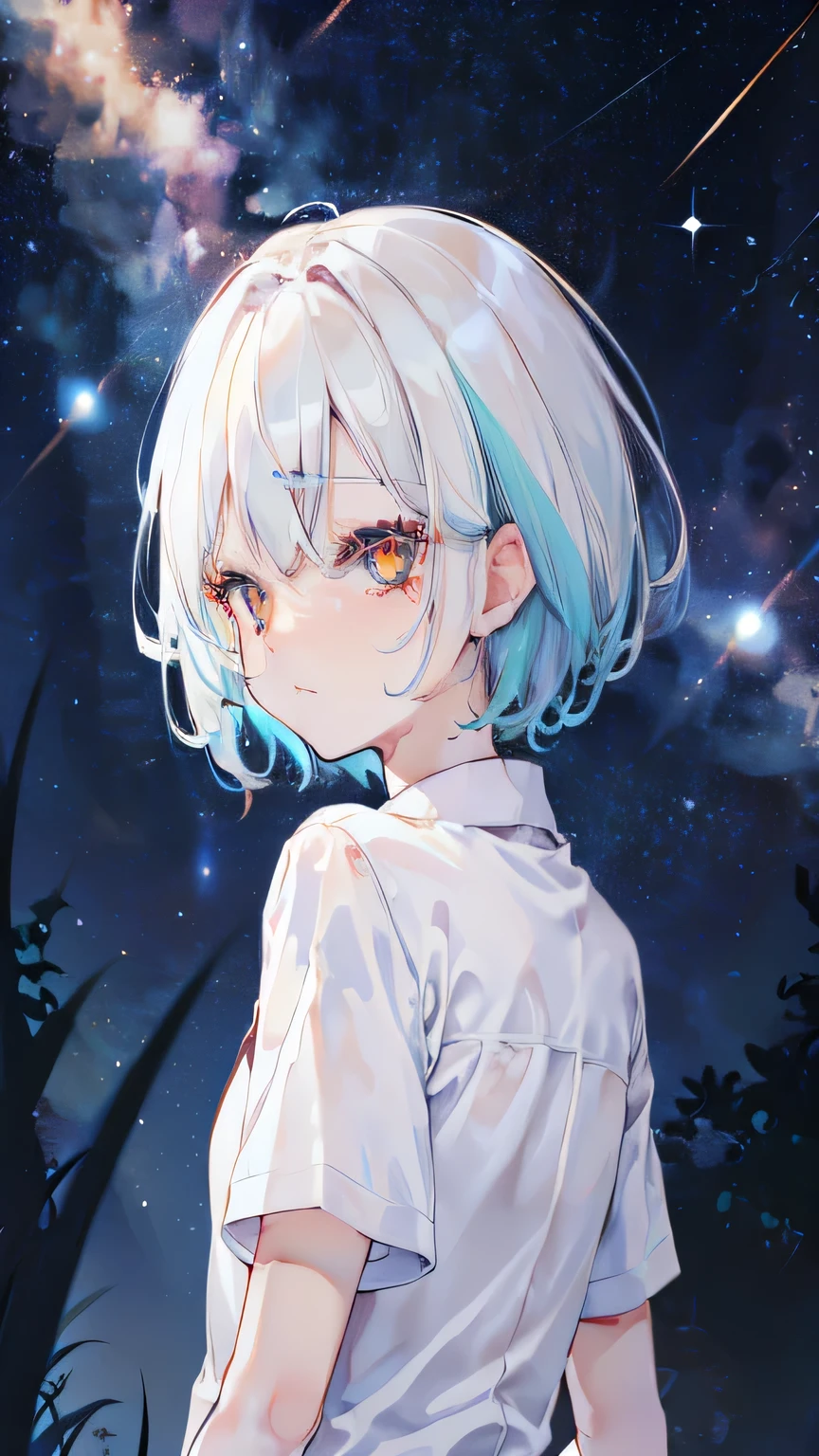 White shorthair,girl,colored pupils,Wearing a white long sleeve shirt,Only the upper body is visible,Turn around and look at me,Night Background