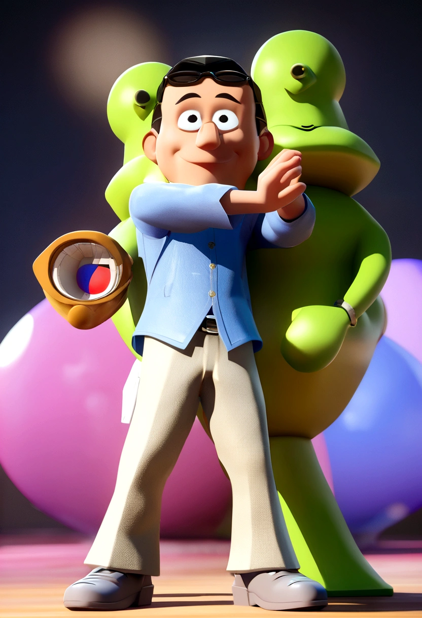 Cartoon character of a man in black glasses and blue shirt, animation character, Caractere estilizado, animation style rendering, 3D estilizado, Arnold Maya rendering, Stylized 3D rendering, toon render screenshot, Personagem 3D, Personagem 3D, Stylized 3D rendering, 3D character rendering, personagem de desenho animado, Personagem de close up, Pose de personagem,  (Estilo Pixar) (parte mestre:1.2) (Bokeh) (melhor qualidade) (pele detalhada) (textura detalhada) (8K) (argila) (cinematic lighting) (sharp focus