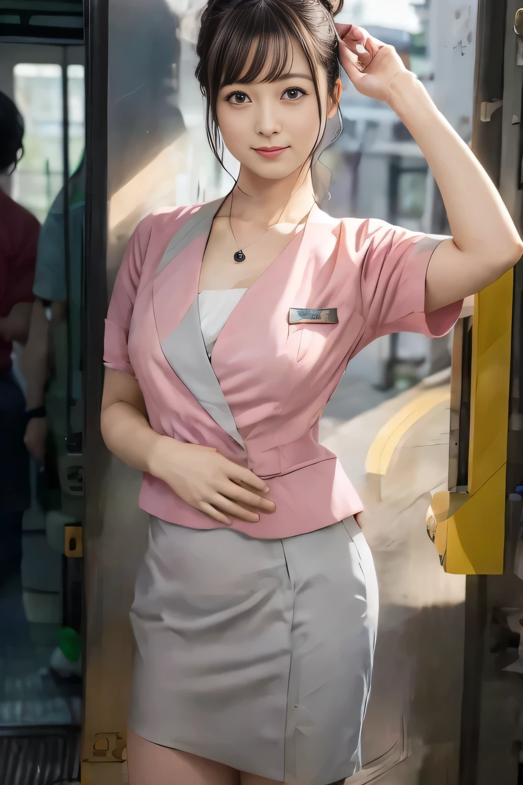 (masterpiece:1.2, highest quality:1.2), 32K HDR, High resolution, (alone、1 girl)、 (Height: 160cm)、(On the rooftop of a building in the daytime、Professional Lighting)、Building rooftop background、(Nankai train crew uniform pinkを着たリアルスタイル)、(Nankai train crew uniform pink short sleeve collarless pink jacket、Nankai Train Crew Uniform Pink Collarless Short Sleeve Blouse、Nankai Train Crew Uniform Pink Grey Knee-length Culottes)、Dark brown hair、(Hair tied up、Hair tied up、Evening curly hairstyle)、Dark brown hair、Long Shot、Big Breasts、Thin legs、((Great hands:2.0)),((Harmonious body proportions:1.5)),((Normal limbs:2.0)),((Normal finger:2.0)),((Delicate eyes:2.0)),((Normal eyes:2.0)))、smile、(Nankai Train Crew Uniform Pink Grey Knee-length Culottesを見せた美しい歩く姿)、Place your hands around your stomach、Lanyard employee ID card