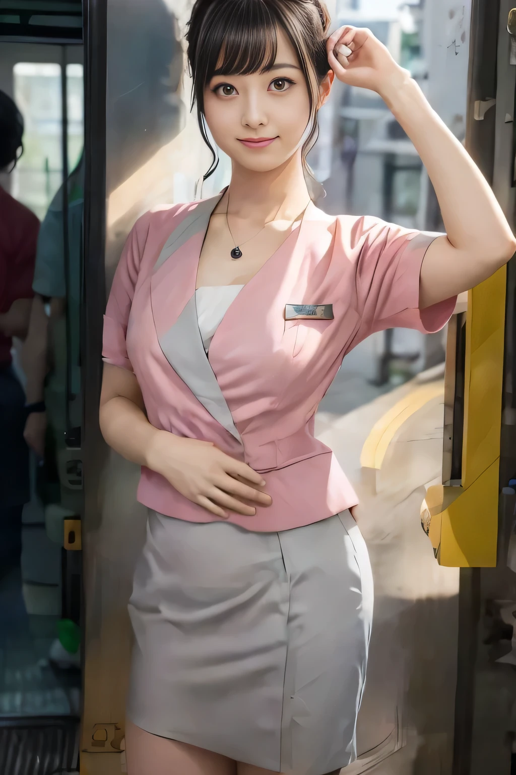 (masterpiece:1.2, highest quality:1.2), 32K HDR, High resolution, (alone、1 girl)、 (Height: 160cm)、（On the rooftop of a building in the daytime、Professional Lighting）、Building rooftop background、（Nankai train crew uniform pinkを着たリアルスタイル）、（Nankai train crew uniform pink short sleeve collarless pink jacket、Nankai Train Crew Uniform Pink Collarless Short Sleeve Blouse、Nankai Train Crew Uniform Pink Grey Knee-length Culottes）、Dark brown hair、（Hair tied up、Hair tied up、Evening curly hairstyle）、Dark brown hair、Long Shot、Big Breasts、Thin legs、（（Great hands：2.0）），（（Harmonious body proportions：1.5）），（（Normal limbs：2.0）），（（Normal finger：2.0）），（（Delicate eyes：2.0）），（（Normal eyes：2.0））)、smile、（Nankai Train Crew Uniform Pink Grey Knee-length Culottesを見せた美しい歩く姿）、Place your hands around your stomach、Lanyard employee ID card