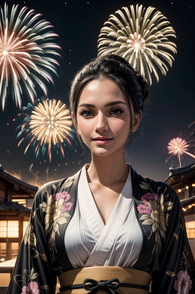 masterpiece, best quality, extremely detailed, hyperrealistic:1.1, photorealistic, a beautiful 20s russian model, ultra detailed face:1.1, white japanese yukata, black kimono cardigan, half updo, black hair, fireworks festival, detailed fireworks:1.1, fireworks burst in a multitude of vibrant hues, each explosion is intricately detailed with sparks and captivating rails, the night sky is clear and the stars twinkle in the background, medium shot, smiling
