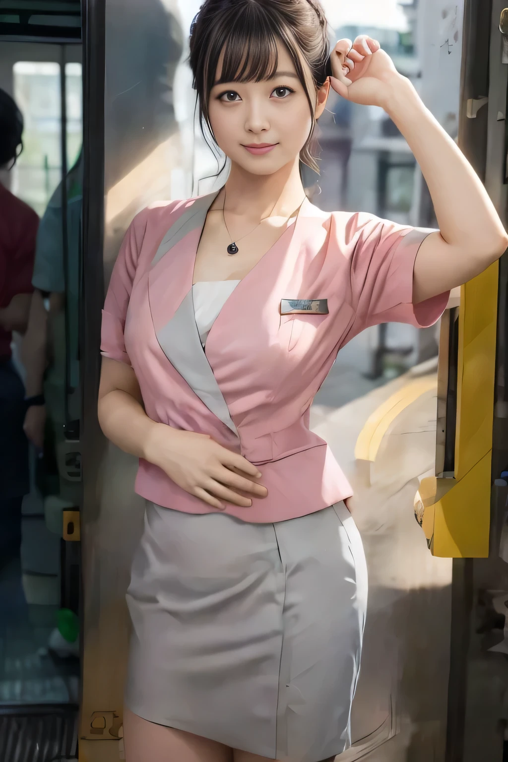 (masterpiece:1.2, highest quality:1.2), 32K HDR, High resolution, (alone、1 girl)、 (Height: 160cm)、(On the rooftop of a building in the daytime、Professional Lighting)、Building rooftop background、(Nankai train crew uniform pinkを着たリアルスタイル)、(Nankai train crew uniform pink short sleeve collarless pink jacket、Nankai Train Crew Uniform Pink Collarless Short Sleeve Blouse、Nankai Train Crew Uniform Pink Grey Knee-length Culottes)、Dark brown hair、(Hair tied up、Hair tied up、Evening curly hairstyle)、Dark brown hair、Long Shot、Big Breasts、Thin legs、((Great hands:2.0)),((Harmonious body proportions:1.5)),((Normal limbs:2.0)),((Normal finger:2.0)),((Delicate eyes:2.0)),((Normal eyes:2.0)))、smile、(Nankai Train Crew Uniform Pink Grey Knee-length Culottesを見せた美しい歩く姿)、Place your hands around your stomach、Lanyard employee ID card