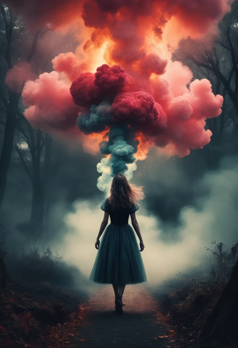 El color principal es el negro.1libro de setas、A medida que se acerca al suelo, turns into a terrifying smoke with strange shapes.、Un hongo cubierto de un humo fascinante que emite luz de otro mundo.、Fascinating surreal images of Alice in Wonderland, Magical dreamland bokeh background, A fascinating and spooky fantasy world., Illuminate dark scenes with fantastic brightness., Elementos de otro mundo de una historia familiar., ether wonderland, mystical atmosphere, Dark enchantment and the aesthetics of dark fantasy realism., (translucent bioluminescent material)、((Un hongo venenoso deformado que crece en otro mundo y emite un humo hechizante..,)) ultrarrealista, (voronoi pattern, profundidad de campos, (bokeh arremolinado:1.275), (retrato kodak 400:0.875) :1.15), (Fondo futurista realista y complejo., Muchos utensilios de cocina futuristas.:1., (Turbulent Toxic Vapor:1.2, Magnificent surrealism, red lighting, luz de bajo perfil:1.1), Obras maestras notables, celestial, ethereal, epic, magic light flare, Dreamy natural and soft lighting., ((Warm yellow and intense carbon:0.7), (cinematic look:1.15):1.15)