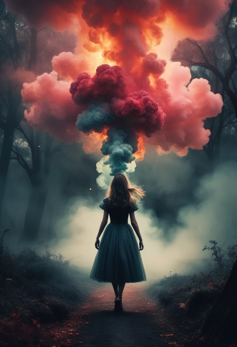 El color principal es el negro.1libro de setas、A medida que se acerca al suelo, turns into a terrifying smoke with strange shapes.、Un hongo cubierto de un humo fascinante que emite luz de otro mundo.、Fascinating surreal images of Alice in Wonderland, Magical dreamland bokeh background, A fascinating and spooky fantasy world., Illuminate dark scenes with fantastic brightness., Elementos de otro mundo de una historia familiar., ether wonderland, mystical atmosphere, Dark enchantment and the aesthetics of dark fantasy realism., (translucent bioluminescent material)、((Un hongo venenoso deformado que crece en otro mundo y emite un humo hechizante..,)) ultrarrealista, (voronoi pattern, profundidad de campos, (bokeh arremolinado:1.275), (retrato kodak 400:0.875) :1.15), (Fondo futurista realista y complejo., Muchos utensilios de cocina futuristas.:1., (Turbulent Toxic Vapor:1.2, Magnificent surrealism, red lighting, luz de bajo perfil:1.1), Obras maestras notables, celestial, ethereal, epic, magic light flare, Dreamy natural and soft lighting., ((Warm yellow and intense carbon:0.7), (cinematic look:1.15):1.15)