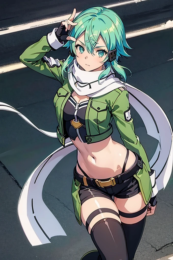 (masterpiece), best quality, expressive eyes, perfect face, highres, sinon1, scarf, fingerless gloves, long sleeves, short shorts,groin, hair ornament, hairclip, green thighhighs, green jacket,covered_nipples, thigh strap, field, sunset_ruins background, ruined structures, dynamic_posing, looking at the viewer, (from above:1.2),covered_navel,