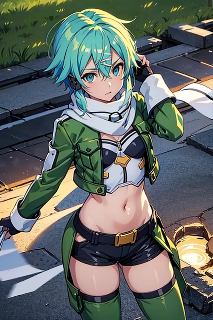 (masterpiece), best quality, expressive eyes, perfect face, highres, sinon1, scarf, fingerless gloves, long sleeves, short shorts,groin, hair ornament, hairclip, green thighhighs, green jacket,covered_nipples, thigh strap, field, sunset_ruins background, ruined structures, dynamic_posing, looking at the viewer, (from above:1.2),covered_navel,