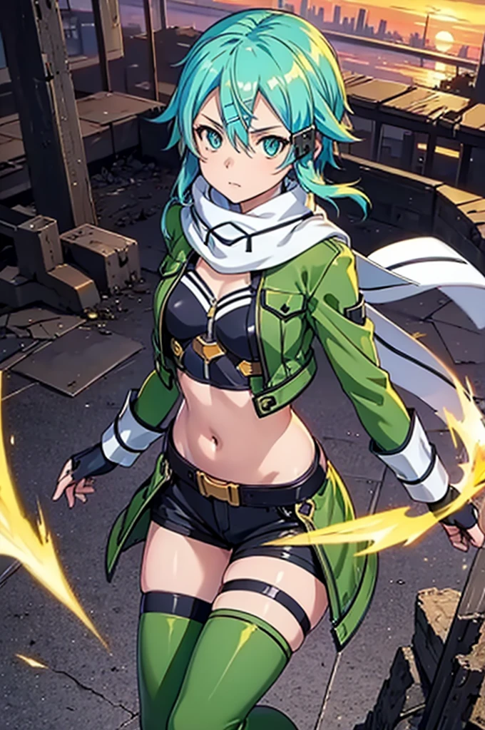 (masterpiece), best quality, expressive eyes, perfect face, highres, sinon1, scarf, fingerless gloves, long sleeves, short shorts,groin, hair ornament, hairclip, green thighhighs, green jacket,covered_nipples, thigh strap, field, sunset_ruins background, ruined structures, dynamic_posing, looking at the viewer, (from above:1.2),covered_navel,