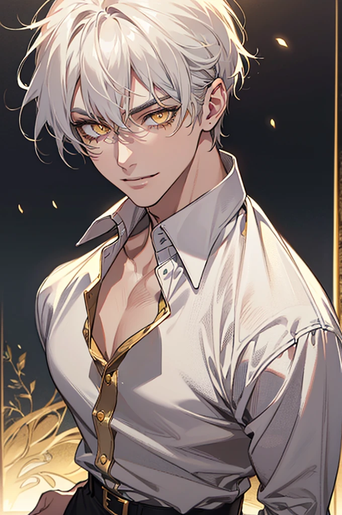 (absurdres, highres, ultra detailed), 1man, 30 years old man, adult man, handsome, tall,, ((finely detailed eyes and detailed face:1.5)), leather pants, (((white shirt))), smile, dutch angle, ((Semi Short, White hair)), gold details, gothic, vampire, vampire prince, dark, looking at the view, pale skin, detailed eyes, (masculine), sexy, elegant, (((Golden eyes))), ((Golden Eyelashes)), high quality eyes, well built body, sunny, sun, bright sky, proper hands, male