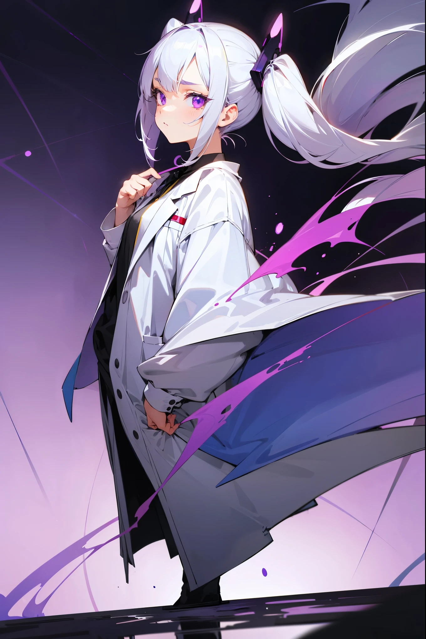 1female, twin pigtails, white hair, lab coat, serious expression, purple eyes, lab background, detailed background, hands to side, standing on path