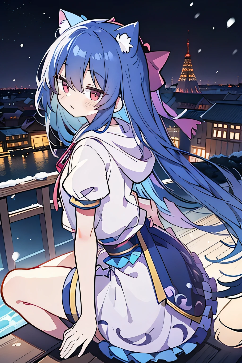 （masterpiece：1.2），Super detailed，lifelike，Expressive eyes，fair skin，perfect face shape，1 girl，
Japanese comics,Gorgeous blue hair,flowing blue hair,flowing clothes,Cat ears,Petals fall,beautiful lola,Baby Angel,
Shaking head with one hand，Cross your legs，Gentle and peaceful background，The pavilion is cool and comfortable,smile, wearing hoodie, background of tokyo,back views,snowing, winter.