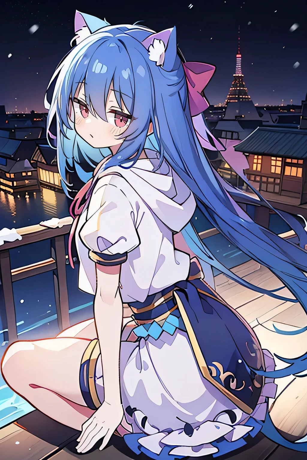(masterpiece:1.2),Super detailed,lifelike,Expressive eyes,fair skin,perfect face shape,1 girl,
Japanese comics,Gorgeous blue hair,flowing blue hair,flowing clothes,Cat ears,Petals fall,beautiful lola,Baby Angel,
Shaking head with one hand,Cross your legs,Gentle and peaceful background,The pavilion is cool and comfortable,smile, wearing hoodie, background of tokyo,back views,snowing, winter.