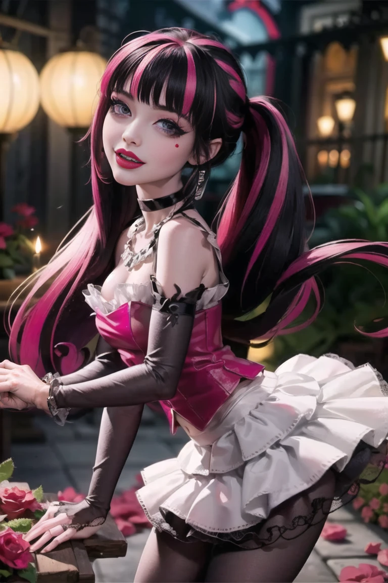 1 girl, a girl with bat wings on her back, perfectly hands, perfectly body, bat choker, necklace, centered, bat jewelry, award winning upper body portrait, cowboy shot, (looking at viewer:1.2), |
Draculaura_MH, solo, black half hair, pink half hair, multicolored hair, long hair, ornamental Chinese hair, ornament hair, geisha style, tradicional chinese style, black skirt, pink knee boots, smiling, garden scenery, chinese lanterns, dark red roses on focus, garden, depth of field, cinematic composition, ((high quality)), ((Work of art)), (more detail), half black hair, half soft pink hair, wave hair, pink heart in the eyes, smile, vampire fangs, bat wings, pink skirt, black dress with transparency, pink laces, black gloves, black high socks, high hills boots, bat jewelry, jewelry, seat on the grass, dark red roses on focus, Draculaura_(monster high), Monster High, looking at the viewer, more details on the clothes,