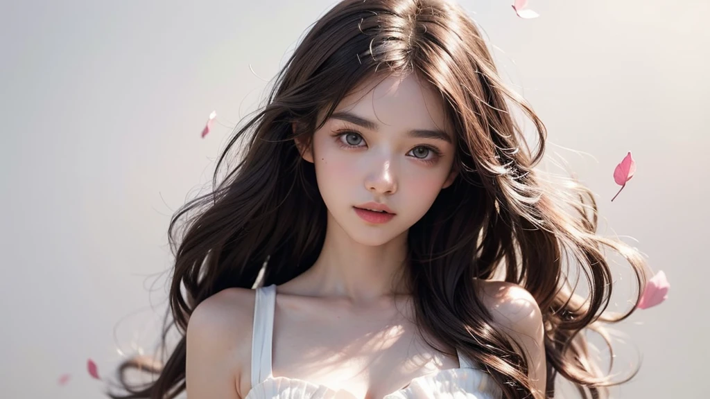 Brown Hair, Pink Eyes, Pink and white, Cherry leaves, Vibrant colors, open-chested white dress, Paint Splash, Simple Background, Ray Tracing, Wavy Hair、Shoot in first person、alone