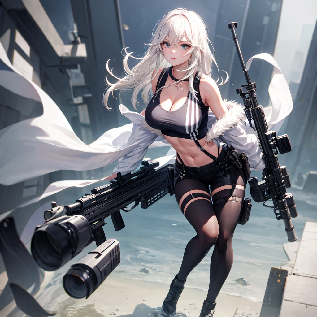 solo、full-body portraits、sleeveless、White-colored skin,Large Breasts,Sniper rifle,Magnum,Black tights,cleavage