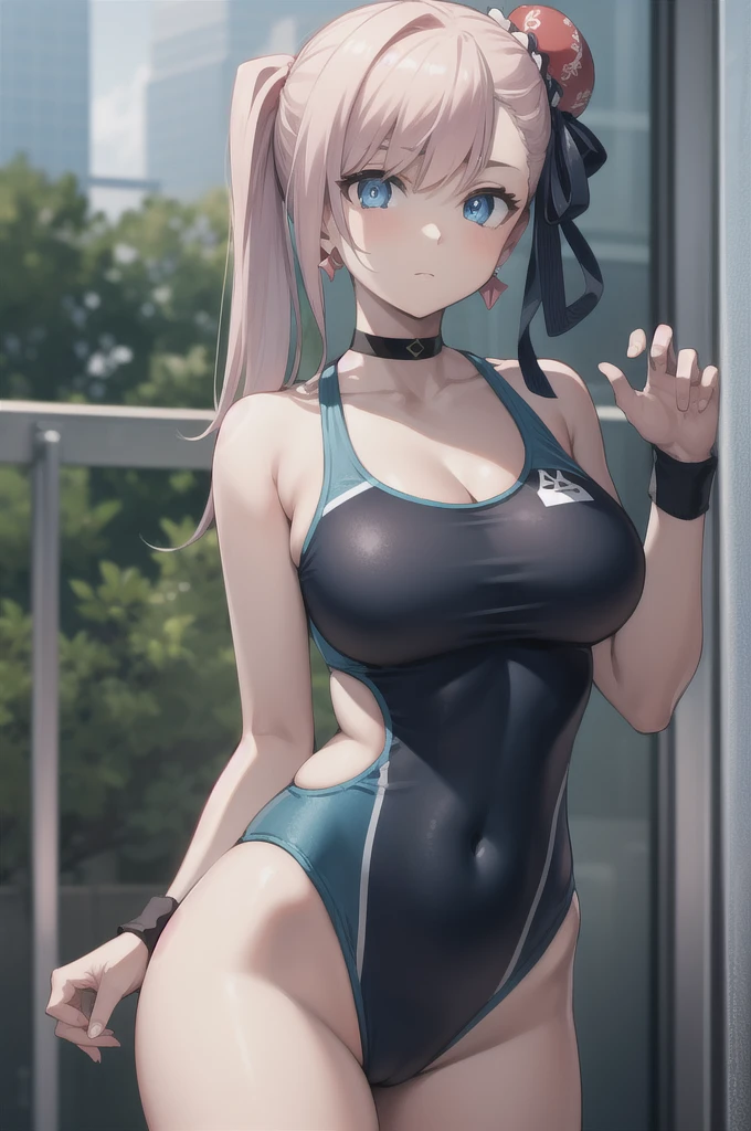 miyamotomusashi, miyamoto musashi, asymmetrical hair, blue eyes, earrings, hair ornament, pink hair, ponytail, sidelocks,
BREAK bare shoulders, black one-piece swimsuit, black ribbon, black wristband, bun cover, cleavage, collarbone, competition swimsuit, covered navel, hair bun, hair ribbon, highleg, highleg swimsuit, one-piece swimsuit, one-piece swimsuit pull, ribbon, sideboob, sidelocks, single side bun, swept bangs, swimsuit, thighs, wristband,
BREAK outdoors, city,
BREAK looking at viewer,
BREAK (masterpiece:1.2), best quality, high resolution, unity 8k wallpaper, (illustration:0.8), (beautiful detailed eyes:1.6), extremely detailed face, perfect lighting, extremely detailed CG, (perfect hands, perfect anatomy),