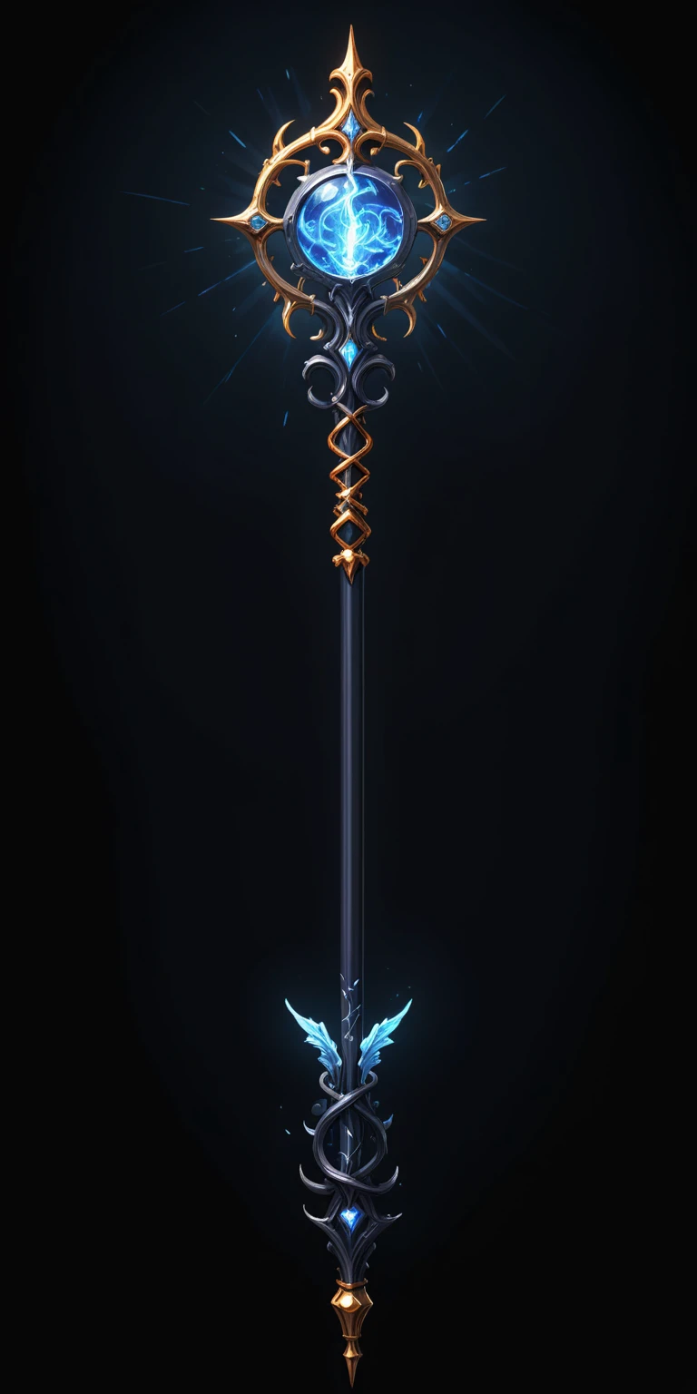 pixel art, cartoon illustration, Divine glavie greatstaff, Powerfull Magical theme, simple black background, RPG game icon 