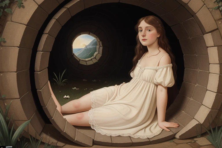 Pre-Raphaelite scene of a 18-year-old white girl in a nightgown from the 1910s, crawling through a hole in the wall, A magical portal