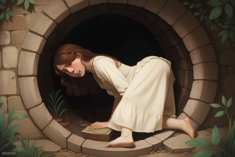 Pre-Raphaelite scene of a 18-year-old white girl in a nightgown from the 1910s, crawling through a hole in the wall, A magical portal