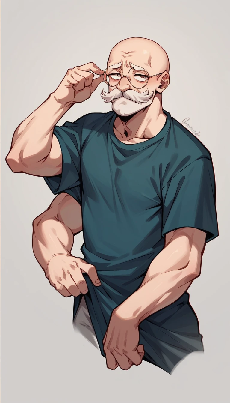 “Kamaji from Spirited Away, live-action style, long white mustache, bald head, round glasses, bushy eyebrows, wearing a dark blue work shirt, with six long, spindly arms.”