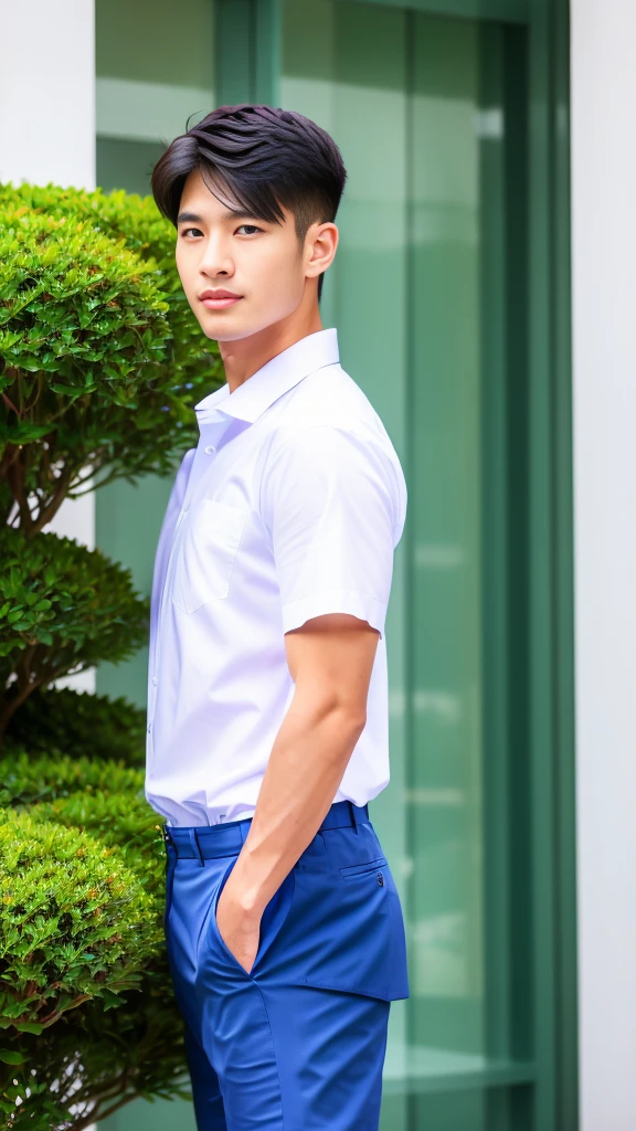 Masterpiece, best quality, High quality, วอลล์เปเปอร์ CG unity 8k ที่มีvery detailed, depth of field, HDR,,photorealistic,very detailed, 1 man sitting on a chair, Asia, black short hair, , (Thai , white shirt), blue cargo shorts, chest muscles, Big arm muscles, blood vessel, big muscles, Broad shoulders, looking at the audience, Balancing the eyes, (Make eye contact) (outside the building:1.3)