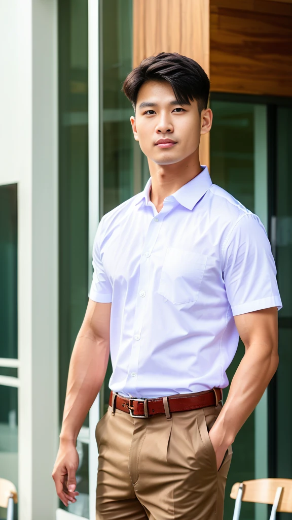 Masterpiece, best quality, High quality, วอลล์เปเปอร์ CG unity 8k ที่มีvery detailed, depth of field, HDR,,photorealistic,very detailed, 1 man sitting on a chair, Asia, black short hair, , (Thai , white shirt), blue cargo shorts, chest muscles, Big arm muscles, blood vessel, big muscles, Broad shoulders, looking at the audience, Balancing the eyes, (Make eye contact) (outside the building:1.3)