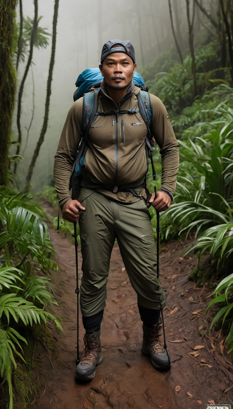 full body shot of (abbie_cornish:0.6) indonesian man 40 yo, 170 cm high, 67 kg weigh,wearing trekking outfit,nwalking at foggy mountain jungle trails, incredibly detailed, lips, realistic, solo, brown skin tone, ,best quality, Intricate, High Detail, dramatic, front view