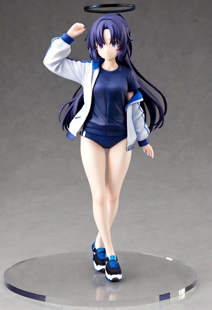 anime style, front view, hayase yuuka, ponytail, halo, gym uniform, open jacket, Volumetric light, Volumetric particles, Elegant standing pose.